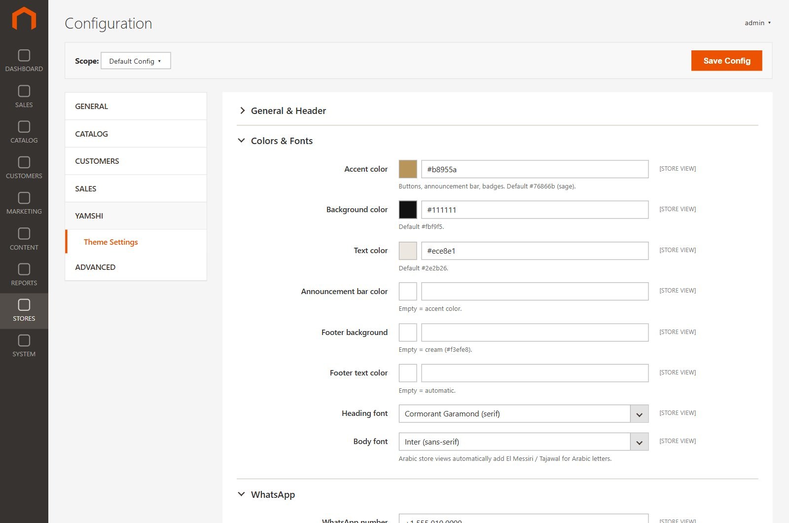 Theme settings in the Magento admin