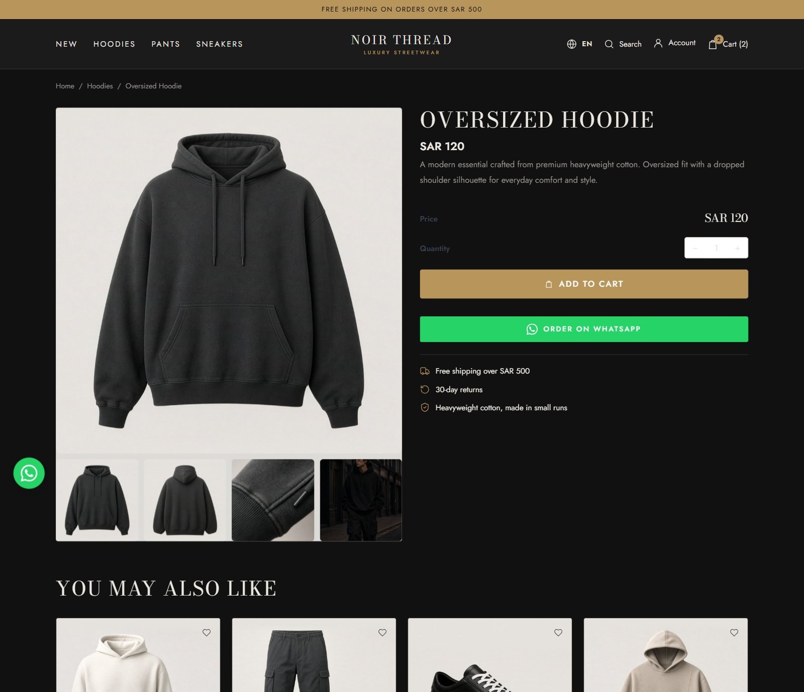 Product page with "Order on WhatsApp"