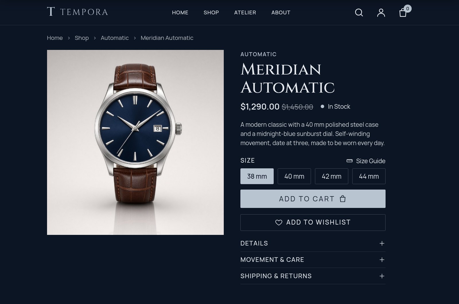 Product page with size guide and "Order on WhatsApp"